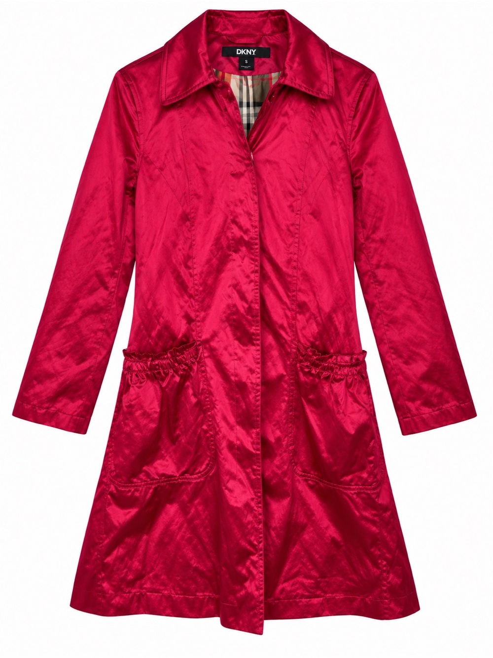 DKNY Magenta Satin Trench Coat Womens Small Plaid Lined Ruffle Pocket